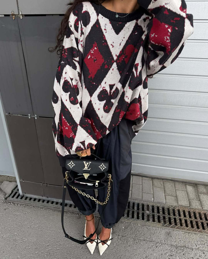 Dame oversized strik sweater med geometrisk mønster og flydende ærmer Stilla