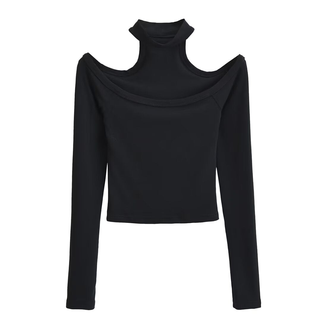 Dame Off-Shoulder Langærmet Top med stilfuld Ståkrave og attraktiv Pasform Stilla