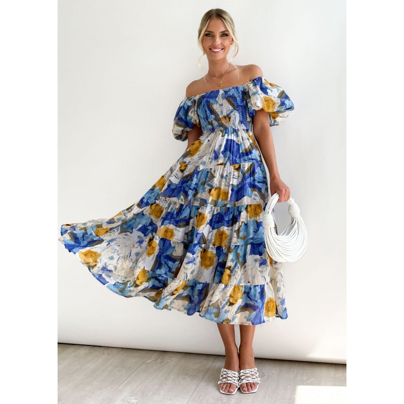 Dame Off-Shoulder Trappe maxikjole med blomsterprint Stilla