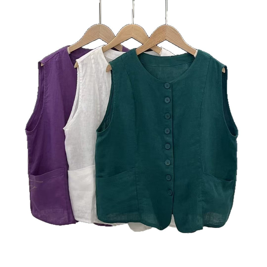 Femme Stilfuld Linned Knap-Up Vest Stilla
