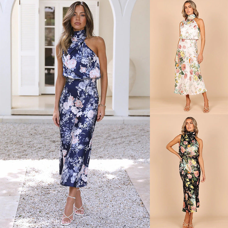 Dame Midi-kjole med elegant indpakningskrave og blomsterdesign Stilla