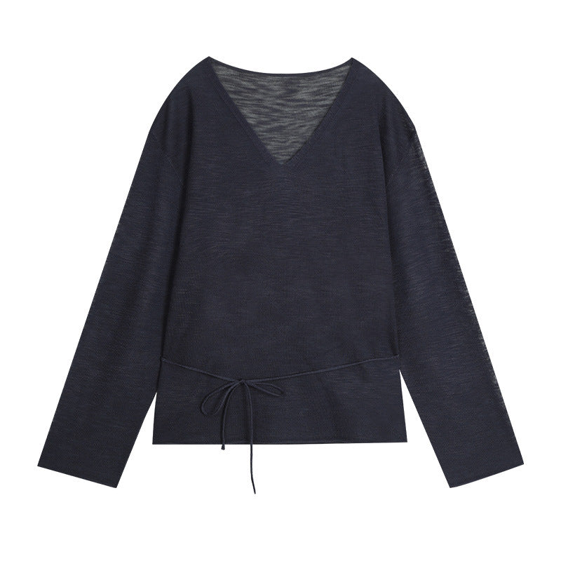 Dame afslappet sweater med moderne V-udskæring og justerbar snoretræk Stilla