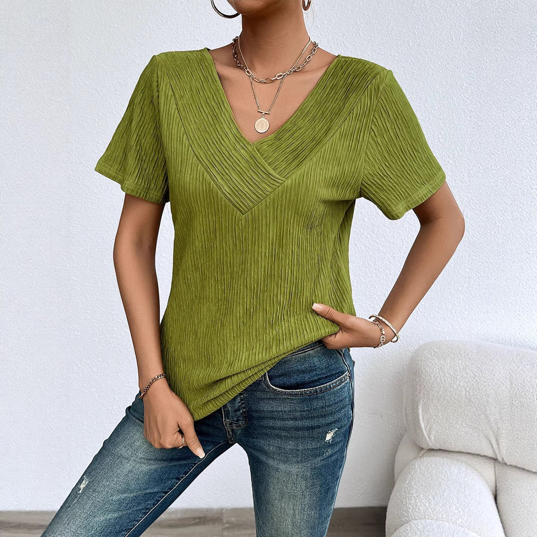 Women Elegant T-Shirt med V-Hals og Plisseret Struktur Stilla