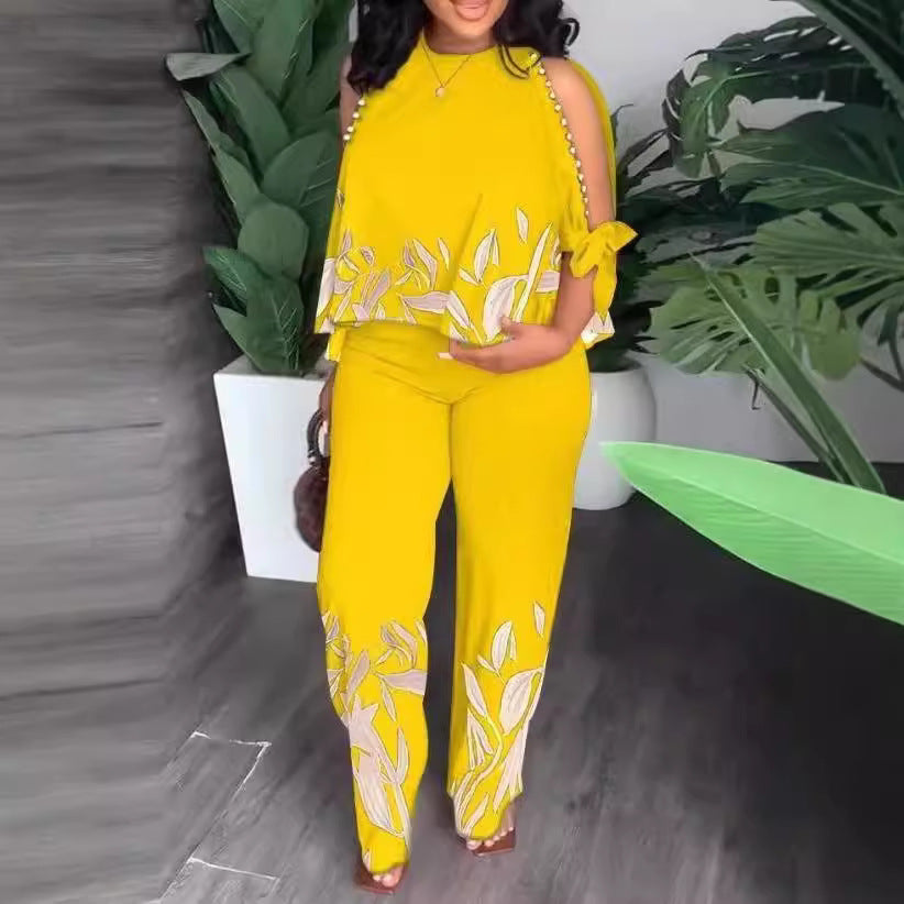Dame Elegant designet sommeroutfit med blomstermønster og skulderfri overdel Skovae