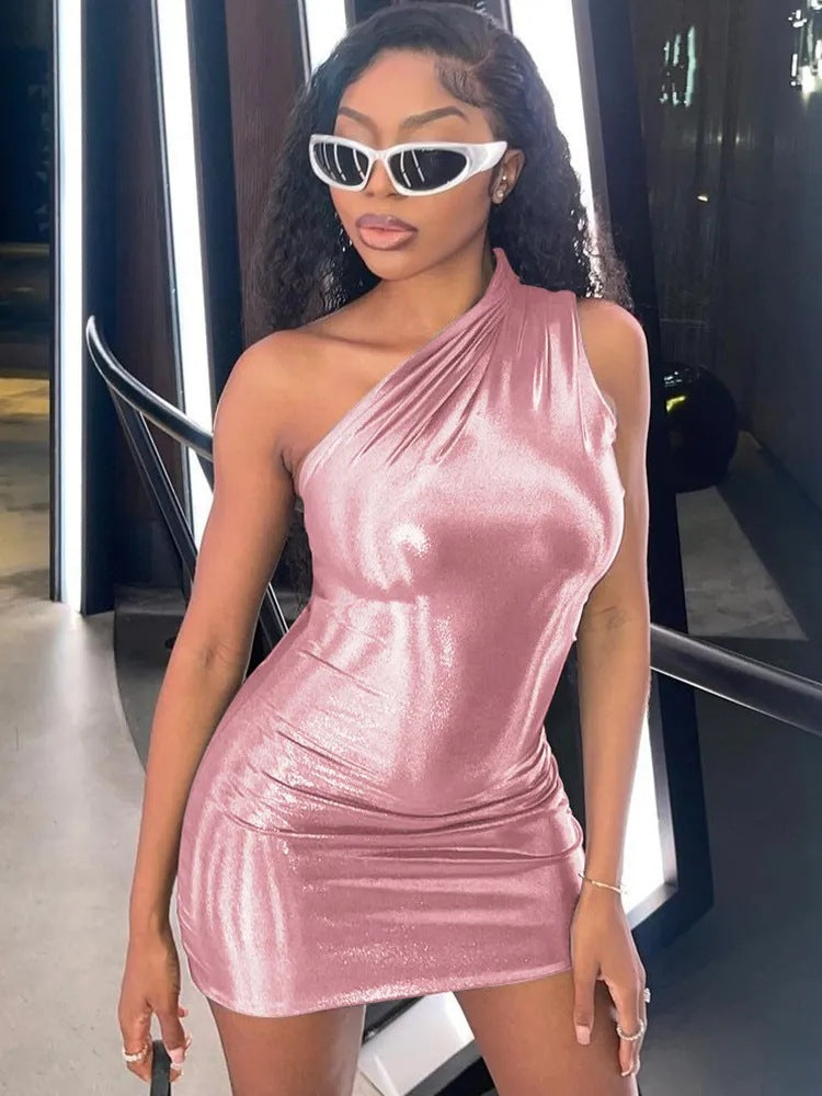 Dame Ein-skulder Metallic Bodycon Kjole Stilla