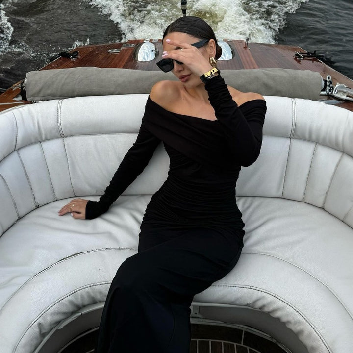 Dame Elegant Off-Shoulder-Maxikjole med rynket design Stilla