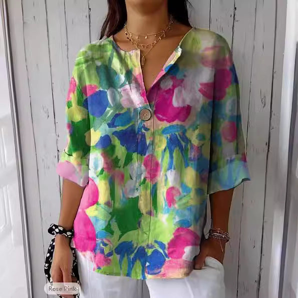 Dame luftig bluse med blomsterprint og knapdetalje Stilla