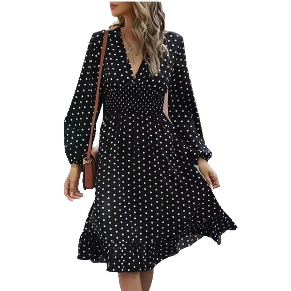 Dame Polkadot Maxikjole med elastisk talje og flæsekant Stilla