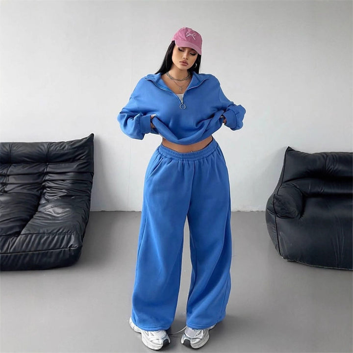 Damerne komfortable fleece loungewear sæt med løs pasform og halvlængde lynlås Skovae