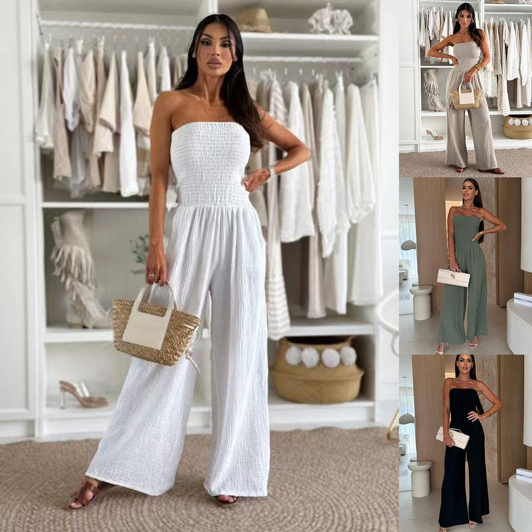Dame Modischer Jumpsuit med skulderfri pasform og bredt ben Stilla