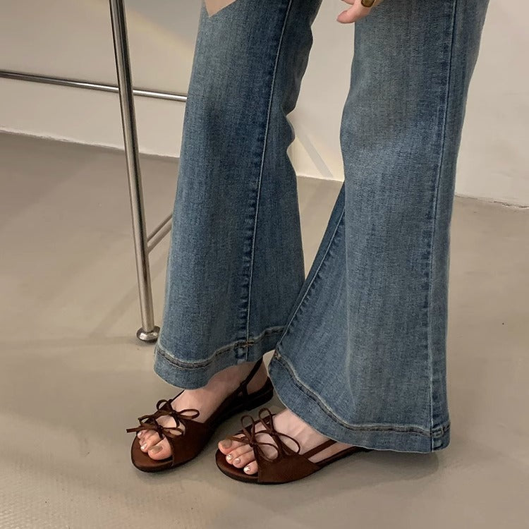 Femme Chic Åben-Tå Hør Sandaler med Justerbar Snørebånd Stilla