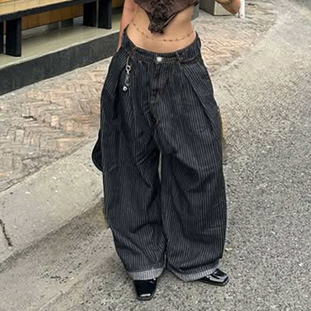 Dame Bred Højtaljede Stribet Jeans Skovae