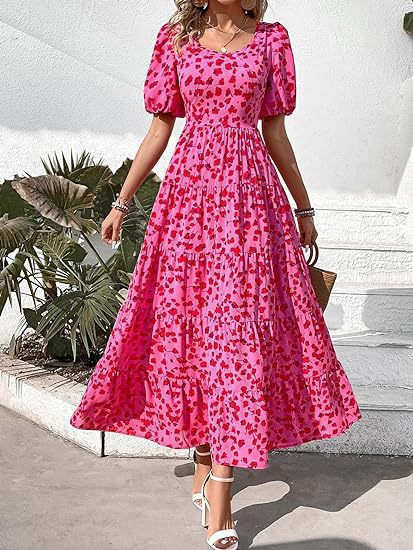 Dame maxikjole med voluminøs skirt og bladprint Stilla