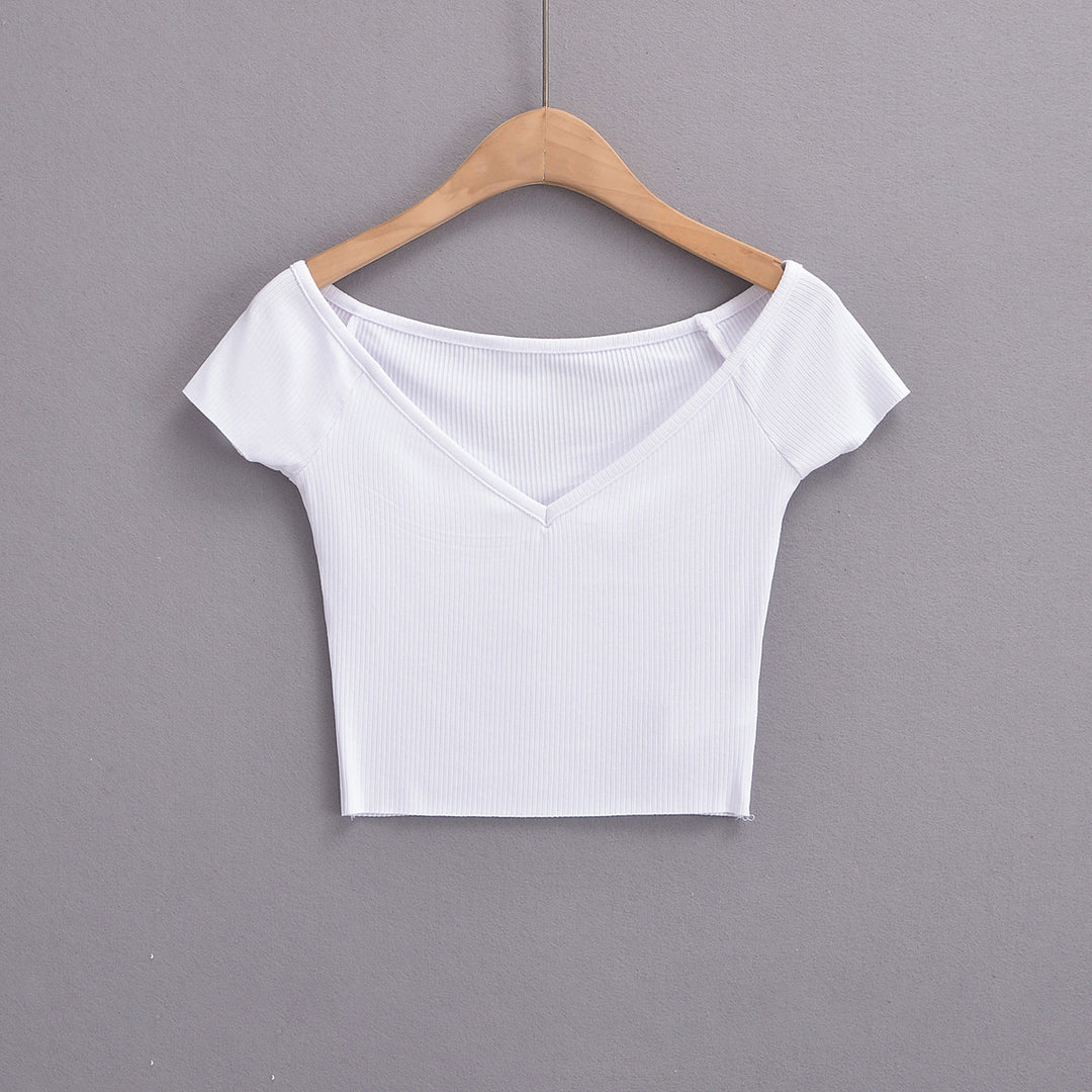 Dame figursyet Crop-Top med off-shoulder design og ribstruktur Stilla