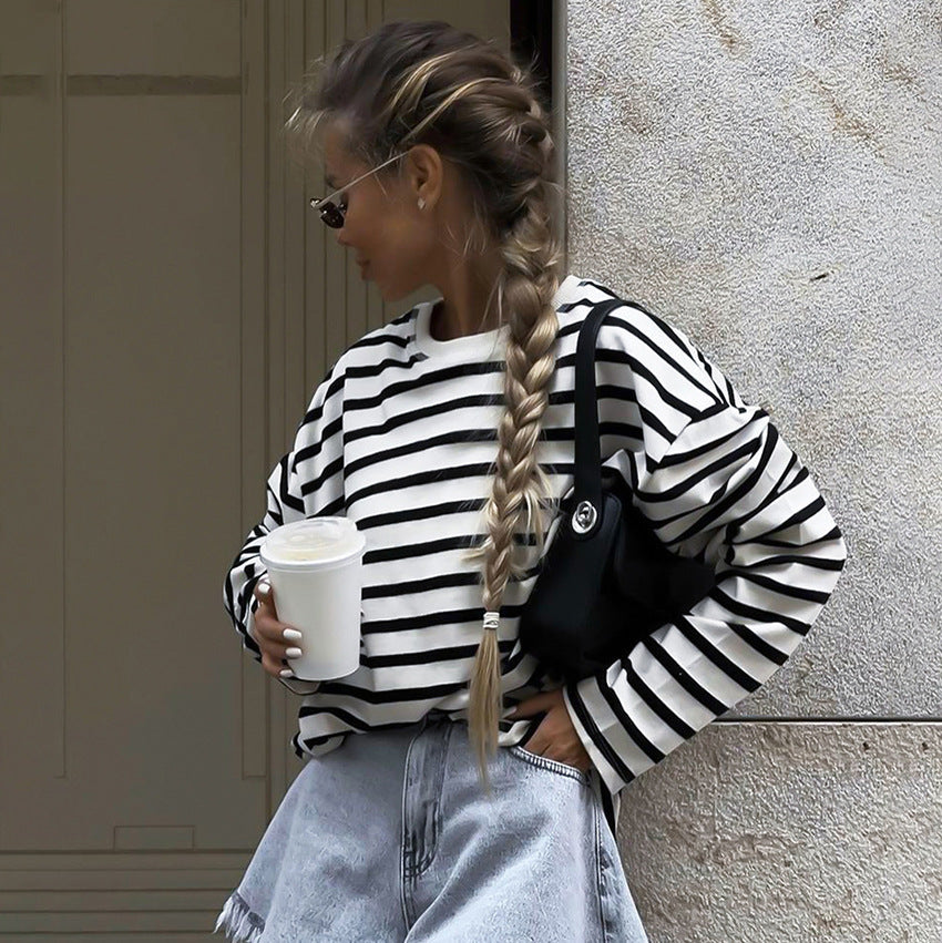 Dame Løs Oversized Sweater med Stribet Mønster og Lange Ærmer Stilla