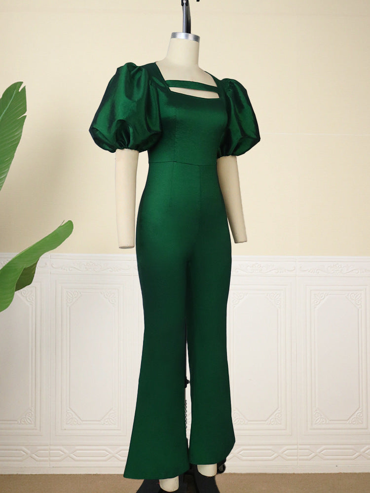 Dame elegant jumpsuit med puffærmer og kvadratisk uddybning Skovae