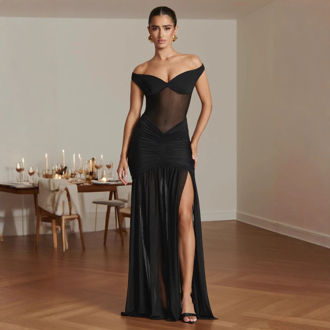 Kvinder Elegant Maxi Kjole med Off-Shoulder Design og Rynkning Stilla