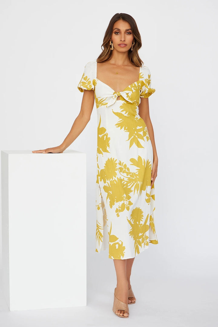 Femme Floral Åben ryg Midi Kjole med Puffærmer Stilla