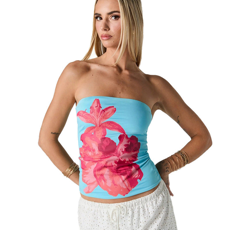 Dame Bandeau-top med blomstret design og elastisk stof Skovae