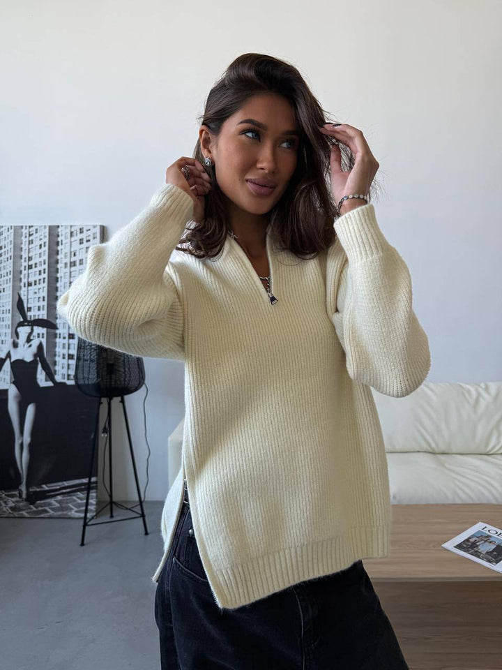 Dame trendy zip sweater med sideslæg og høj krave Stilla