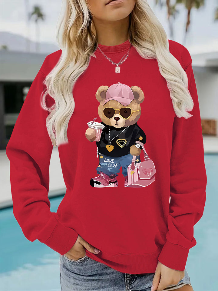 Kvinders sweatshirt med unikt tegneserie-bjørn design og trendy tekst Stilla
