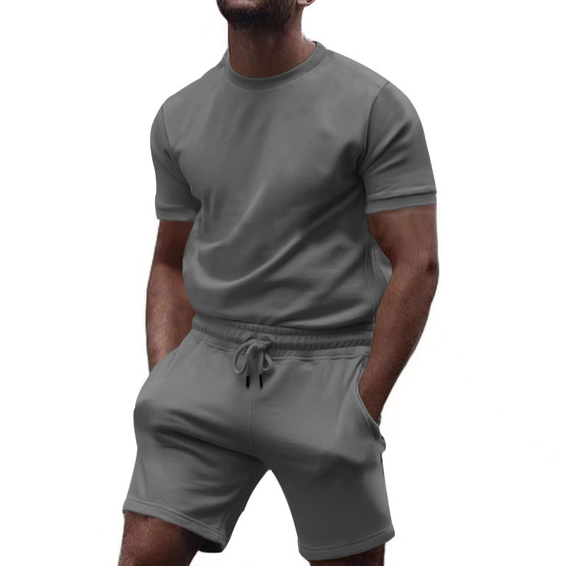 Herren nan minimalistisk jersey-sæt med komfortabel rundhalset skjorte og elastisk tunneltræk-kortbuks Skovae
