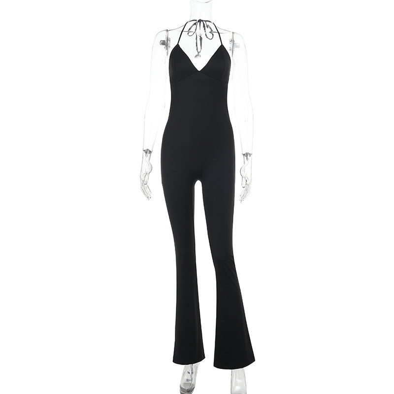 Dame elegant jumpsuit med dyb V-udskæring og bredt skårede ben Skovae
