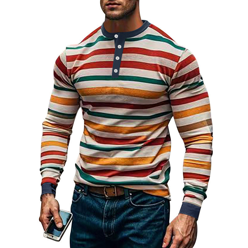 Herren nan stribet Langærmet Henley-shirt med højsnit og knaplukning Skovae