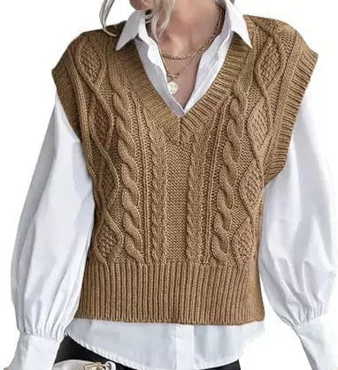 Dame strikpullover i vintage-look med V-udskæring og fletmønster Stilla