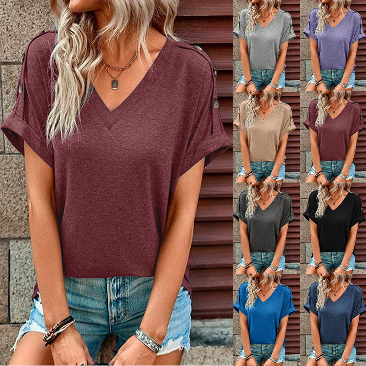 Dame V-udskæring T-shirt med fashionable knapdetaljer Stilla