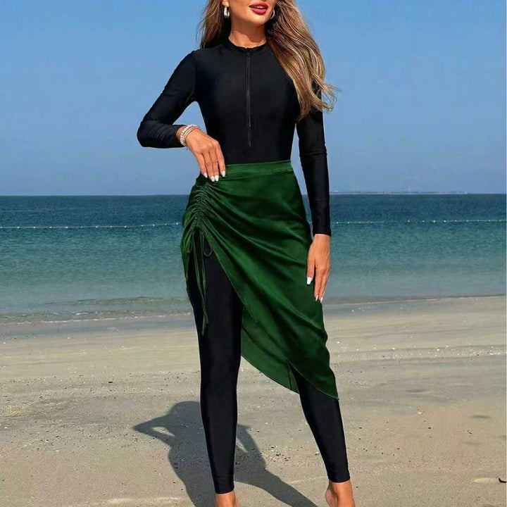 Dame sportslig langærmet badedragt med indpakning skirt Skovae