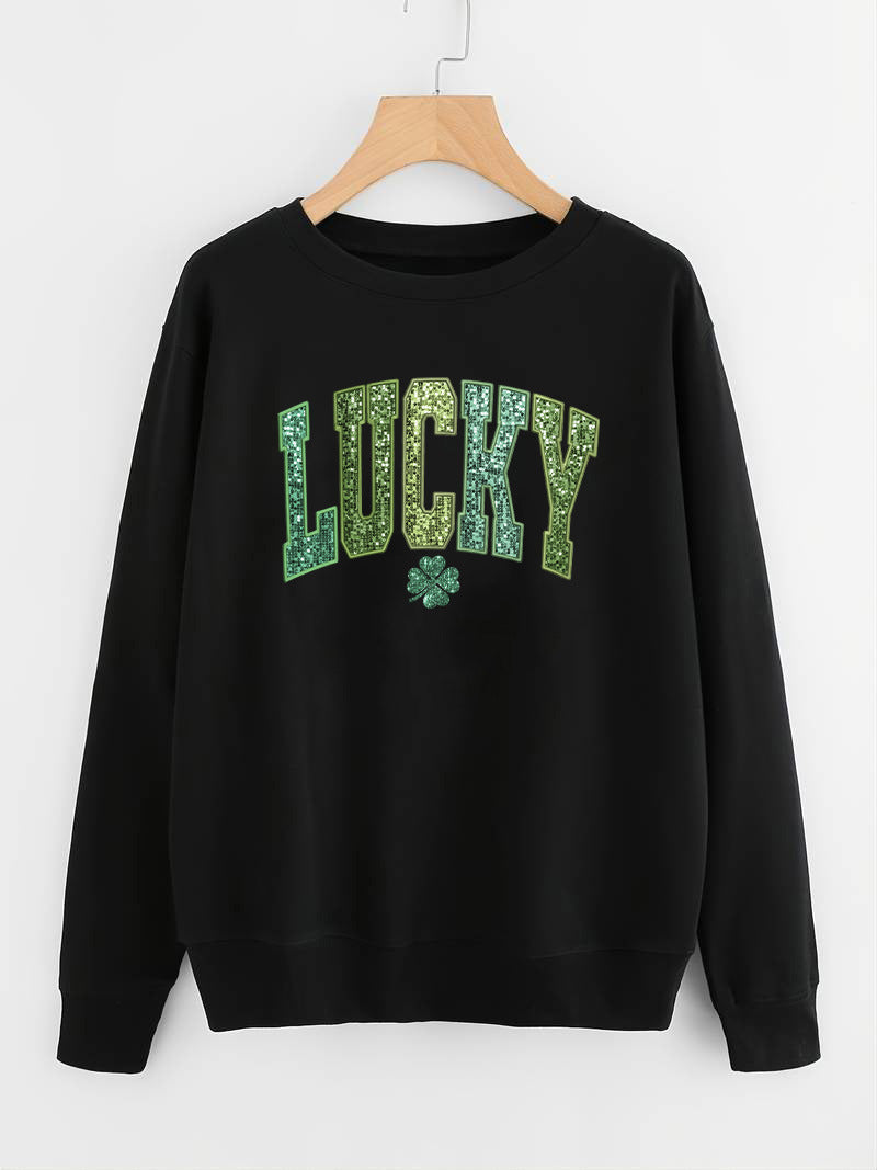 Dame casual sweatshirt med glitrende skrift og kløver motiv Stilla