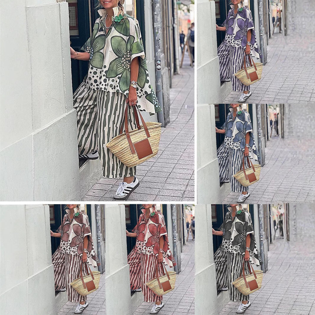 Dame Stilfuldt Floralprint Poncho og Bred-Bukser Sæt Stilla