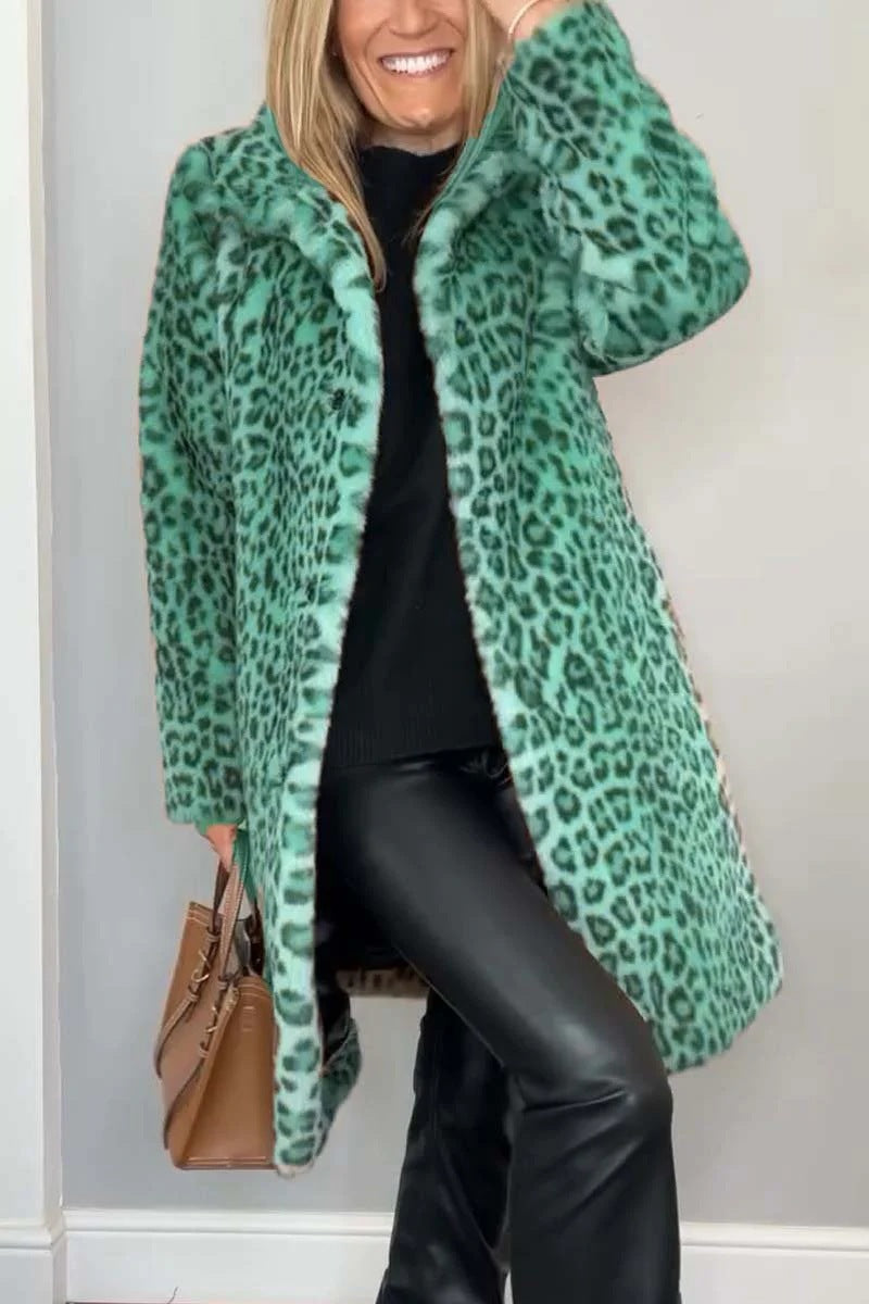 Stilla | Frakke Faux Fur Plus Size Pasform Dyreprint Åben Front Reverskrave