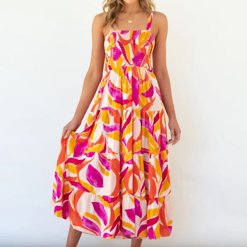 Kvindernes Boho-inspirerede Maxi Kjole med Farverigt Blomster Mønster og Elastisk Top Stilla