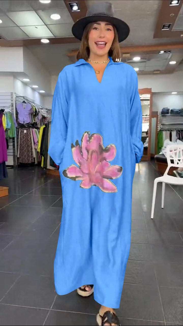 Dame Kaftan-kjole med blomsterdesign og praktiske sidelommer Stilla