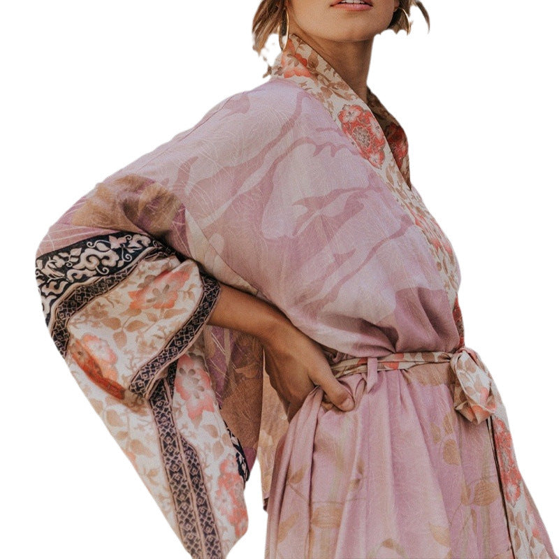 Dame luftig kimono med blomsterede mønstre og bredt skårede ærmer Stilla