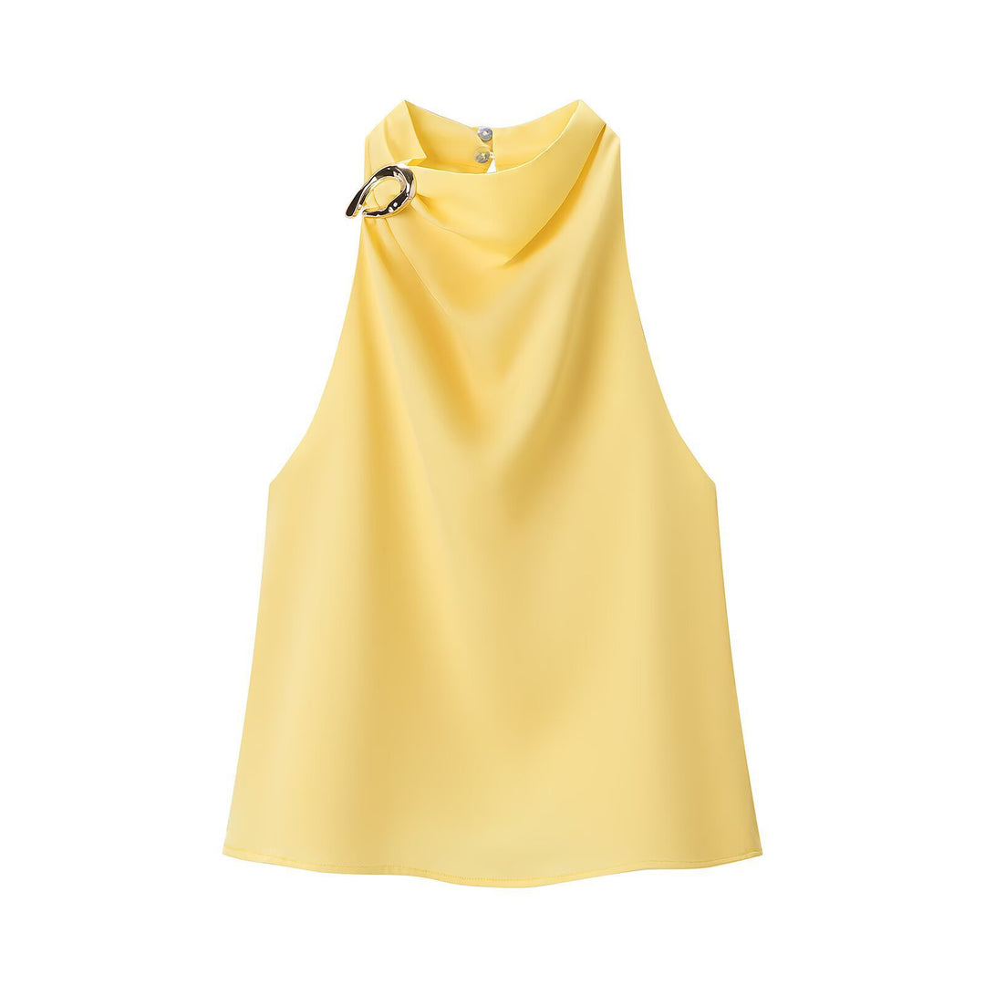 Dame silke bluse med asymmetrisk krave og dekorativ ring Skovae
