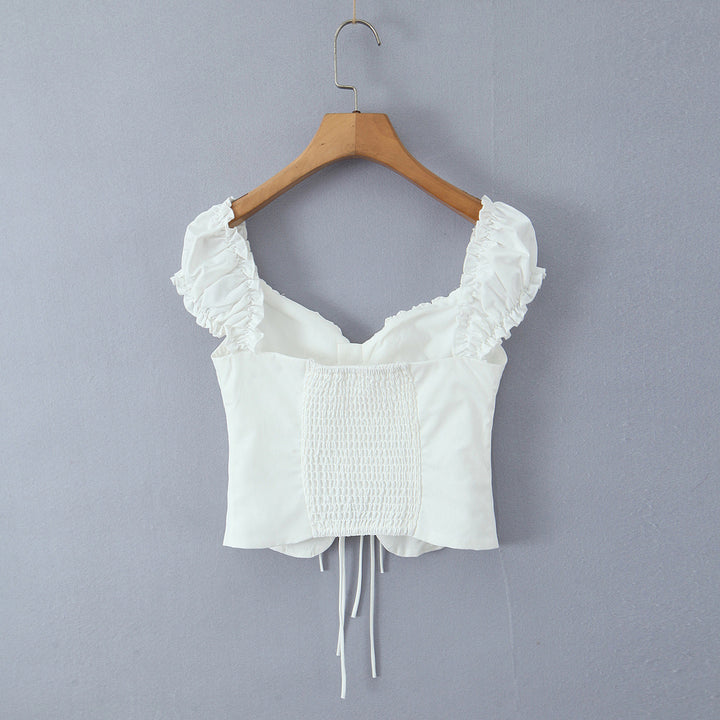 Dame vintage-inspireret crop-top med ruffle detaljer og moderne snit Stilla