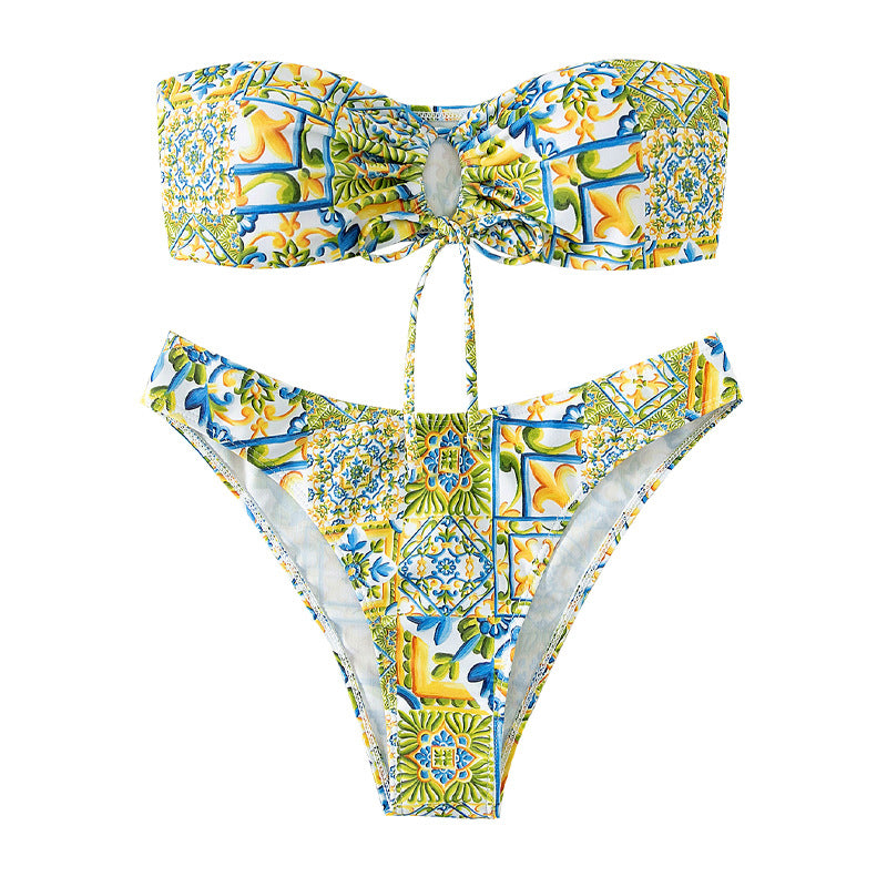 Dame bandeau-bikini med raffineret bindedetalje og blomsterprint Skovae