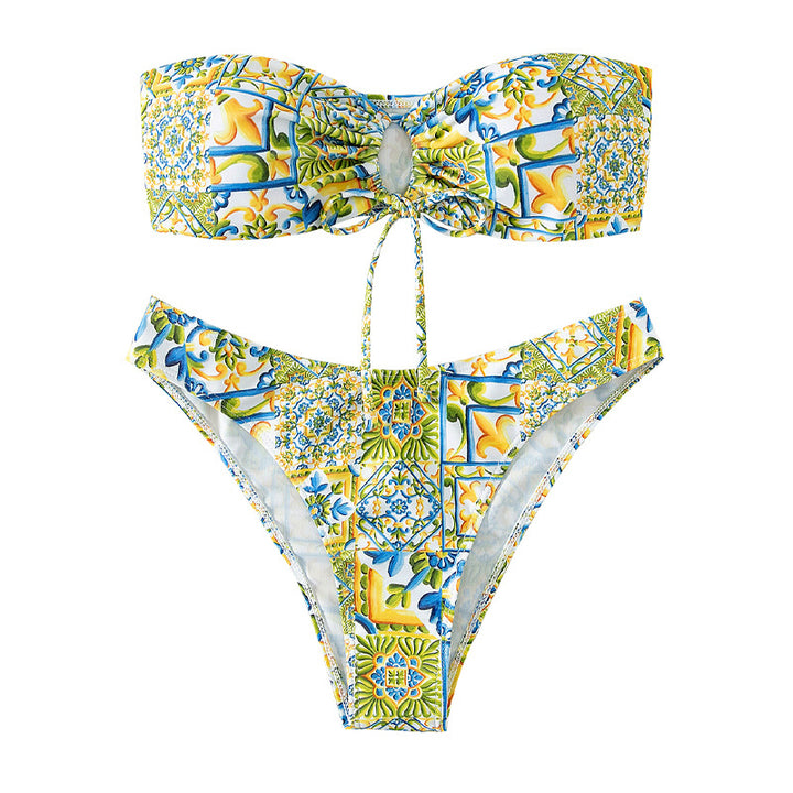Dame bandeau-bikini med raffineret bindedetalje og blomsterprint Skovae