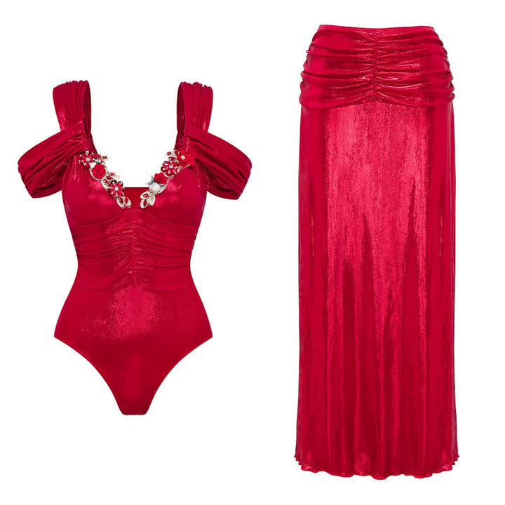 Dame badedragt med off-shoulder design og elegant nederdel Skovae