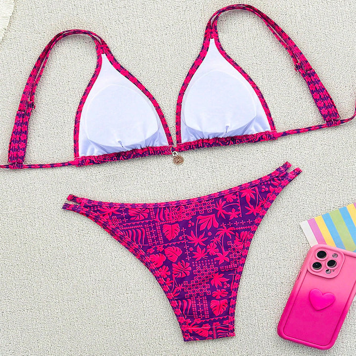 Dame triangel bikini sæt med blomstermønster og raffinerede bindebånd Skovae