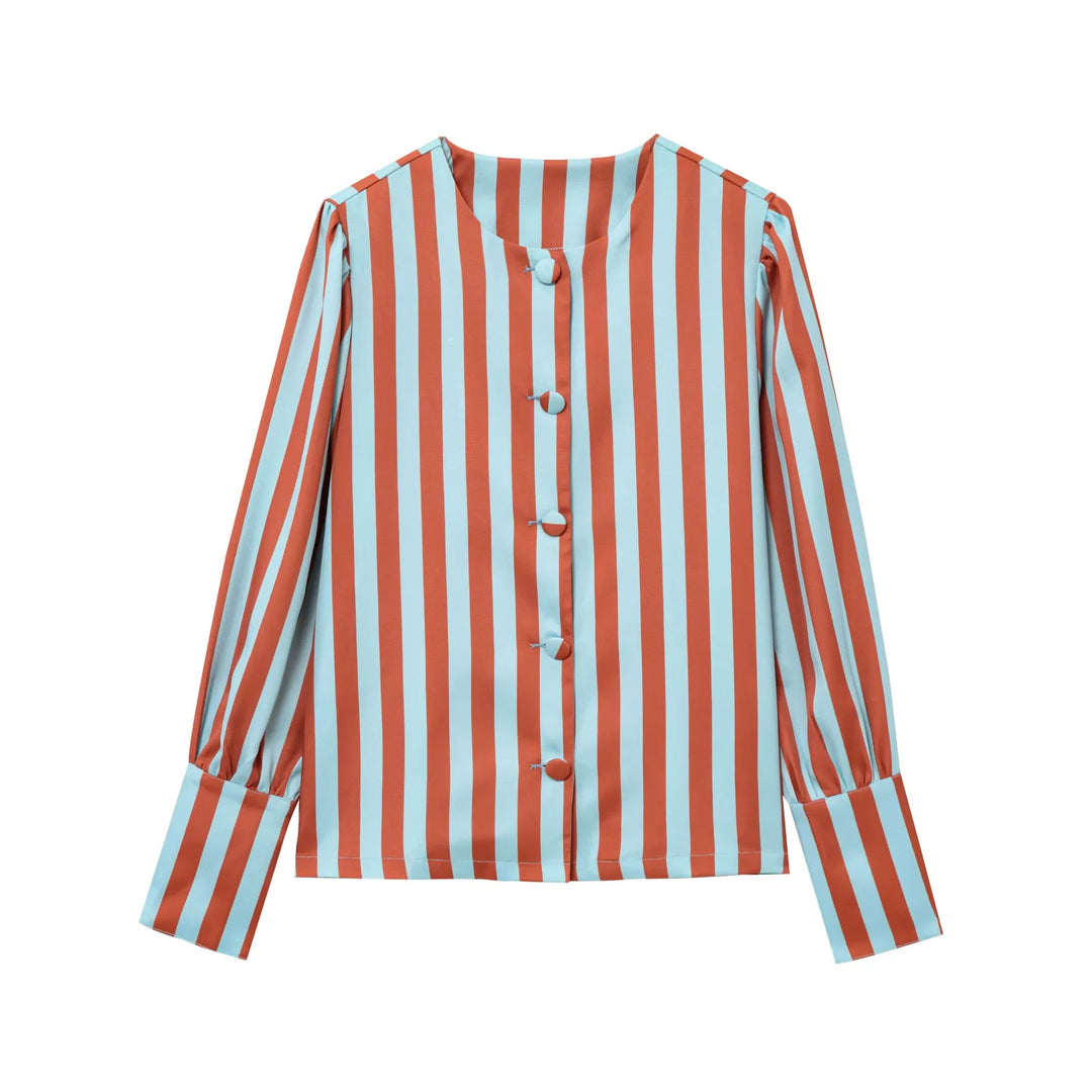 Damebluse med vertikale striber og elegant knaplist Stilla