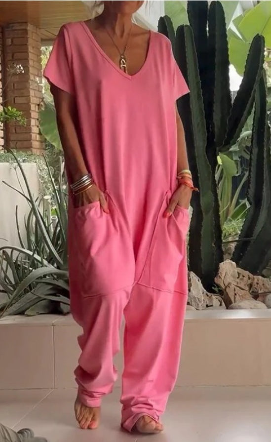 Dame nan vidde komfort jumpsuit med V-udskæring, dyb skridt og sidelommer Skovae
