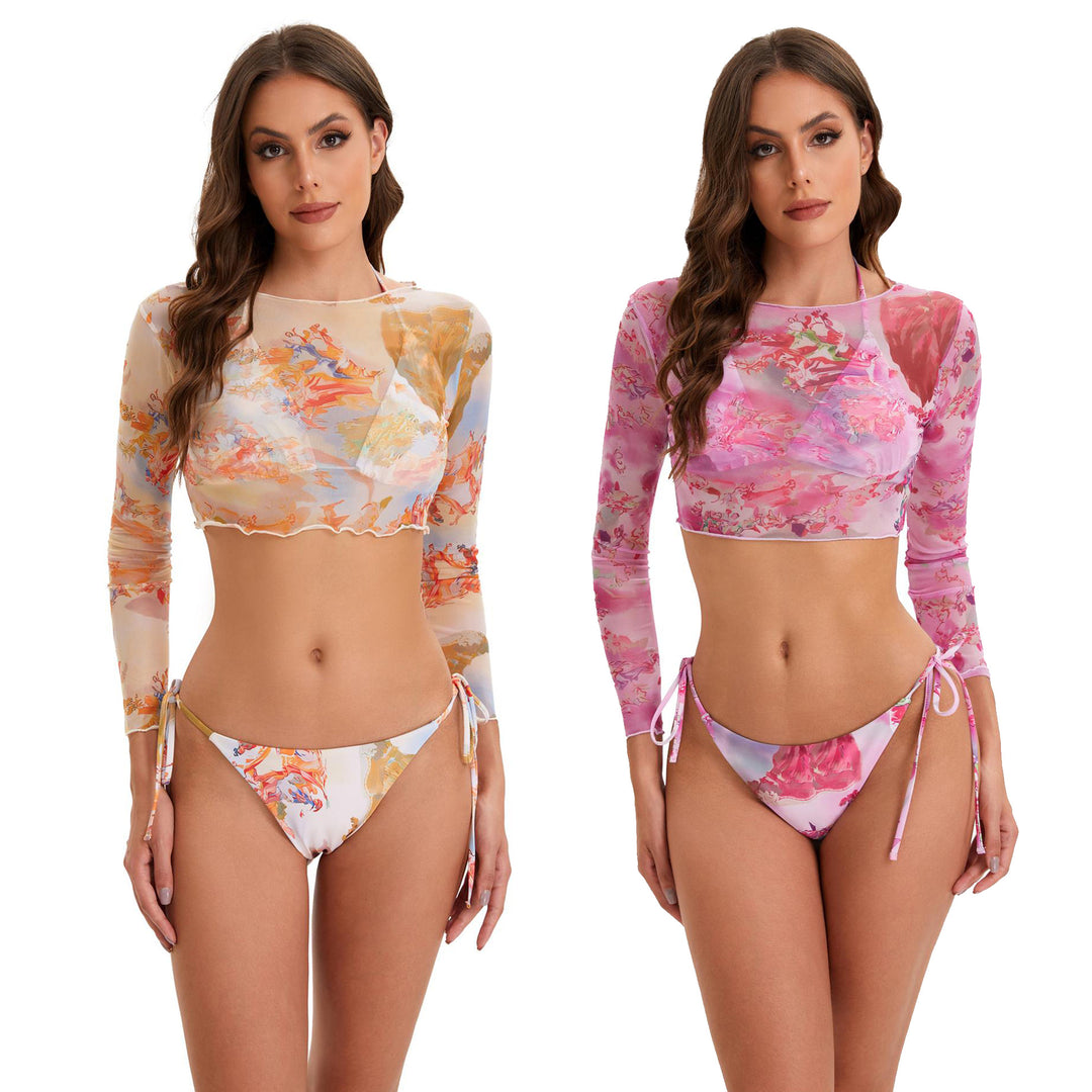 Dame Bikini-sæt med langærmet crop-top og blomsterdesign Skovae