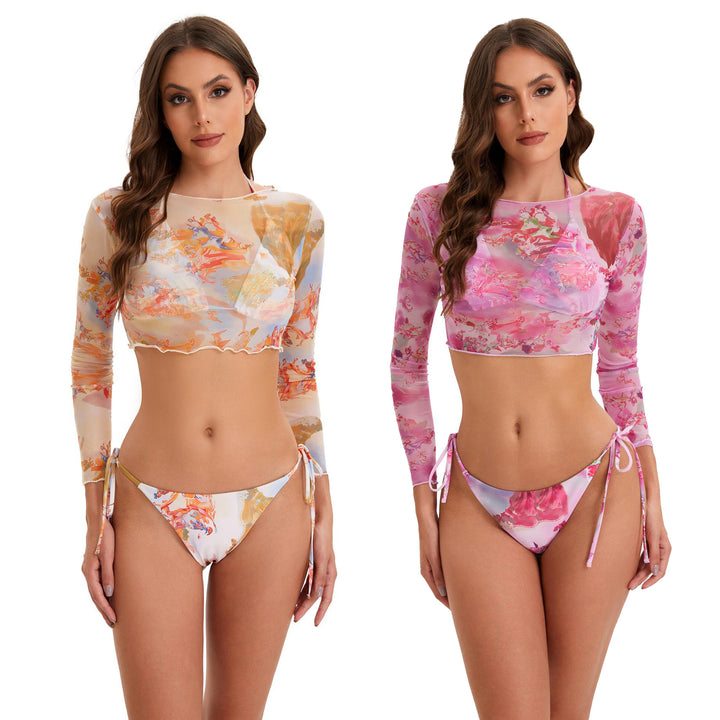 Dame Bikini-sæt med langærmet crop-top og blomsterdesign Skovae