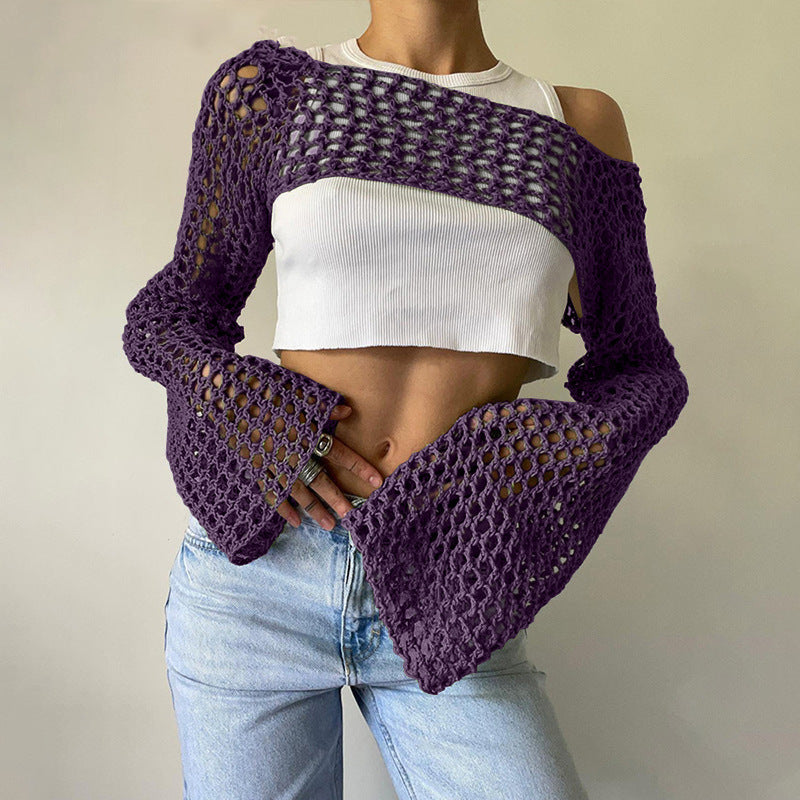 Dame hæklede langærmet top med off-shoulder design Skovae