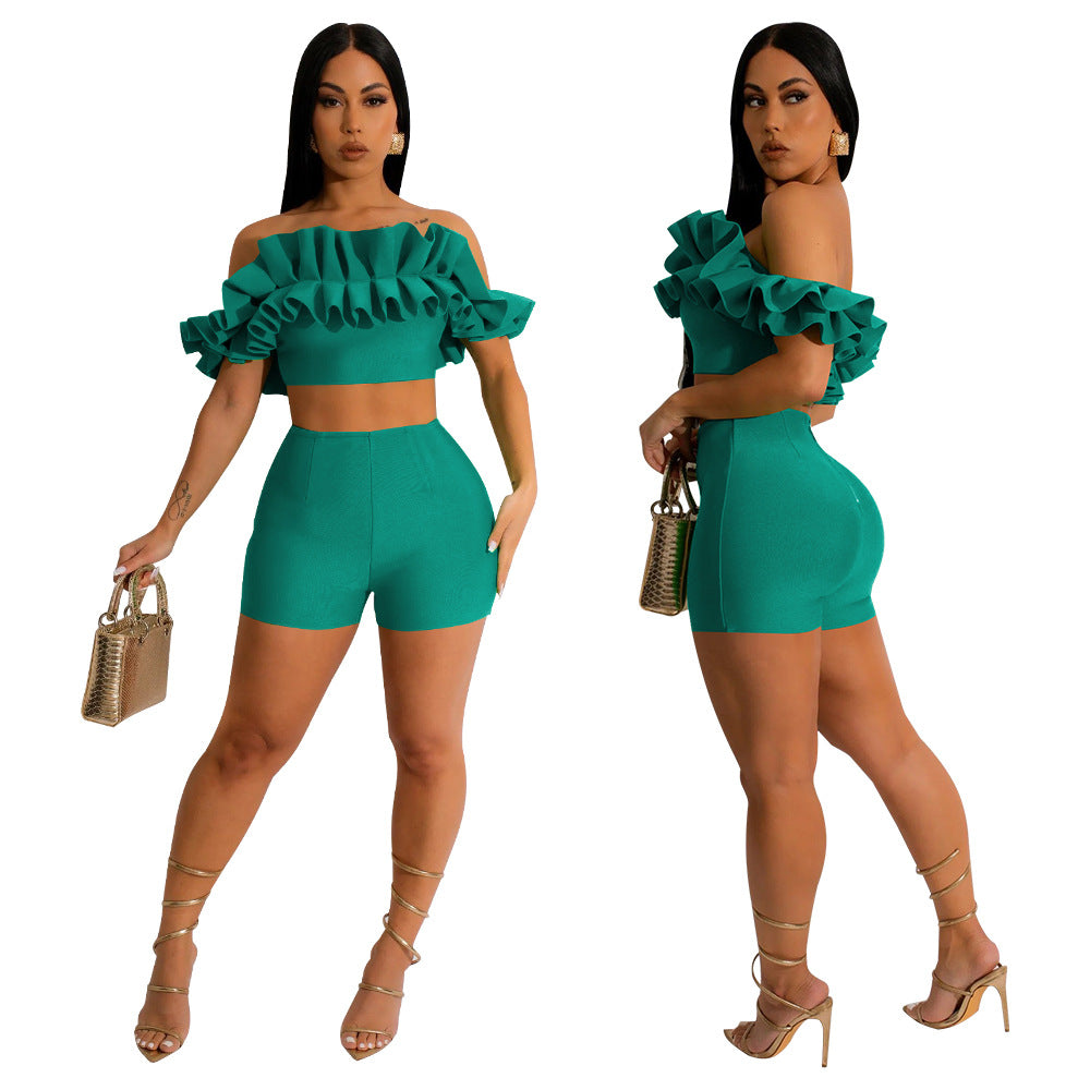 Dame Off-Shoulder Rufflesæt med figursyet Lycra-Stof Stilla