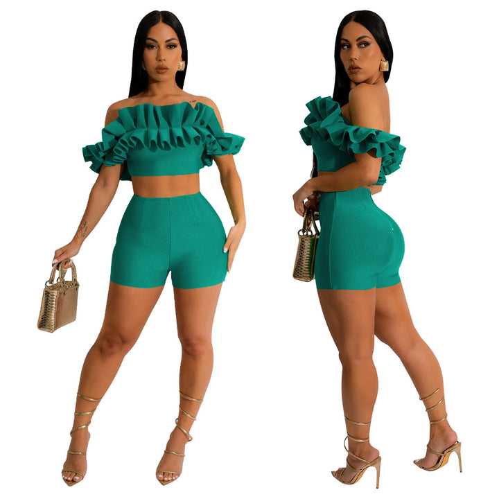 Dame Off-Shoulder Rufflesæt med figursyet Lycra-Stof Stilla